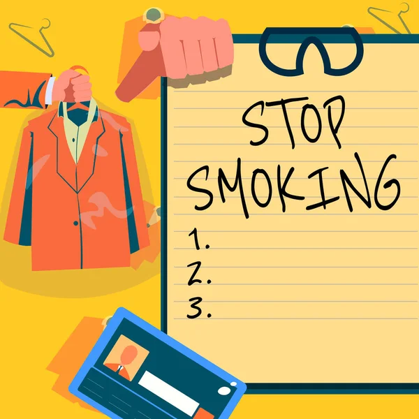 Text showing inspiration Stop Smoking. Word for Discontinuing or stopping the use of tobacco addiction Hands Holding Uniform Showing New Open Career Opportunities. — ストック写真