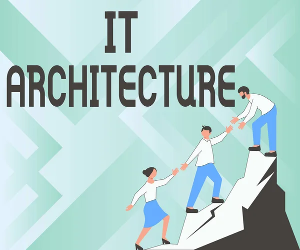 Writing displaying text It Architecture. Word for Architecture is applied to the process of overall structure Colleagues Climbing Upwards Mountain Reaching Success Presenting Teamwork. — Stock Photo, Image