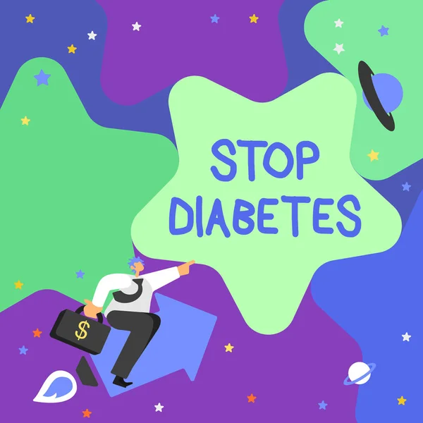 Bildunterschrift: Stop Diabetes. Internet-Konzept Blutzuckerspiegel ist höher als normales Insulin injizieren Gentleman Pointing Finger Star repräsentiert finanziellen Erfolg. — Stockfoto