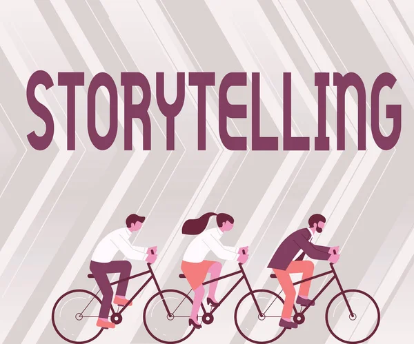 Inspiration visar tecken Historieberättande. Affärsidé social och kulturell aktivitet med teaterföreställningar Tre Kollegor Riding Bicycle Representera Framgångsrikt Lagarbete. — Stockfoto
