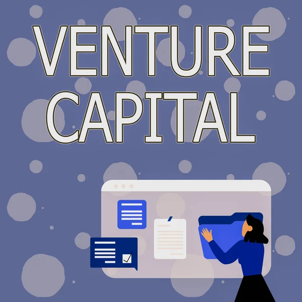 Text sign showing Venture Capital. Word Written on financing provided by firms to small early stage ones Woman Arranging Browser History, Editing Organizing Online Files, — ストック写真
