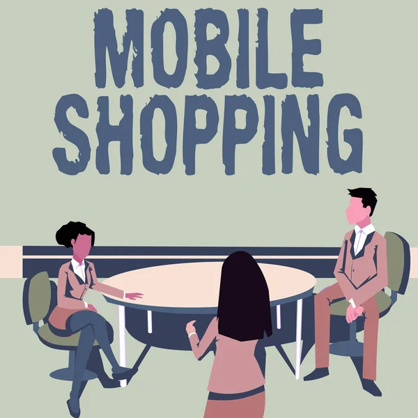 Концептуальний підпис Mobile Shopping. Бізнес-ідея Купівля та продаж товарів і послуг через мобільні Колеги зустрічаються з представленням проектних ідей досягнення командної роботи . — стокове фото