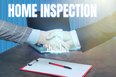 Conceptual caption Home Inspection. Conceptual photo Examination of the condition of a home related property Hands Shaking Signing Contract Unlocking New Futuristic Technologies. clipart