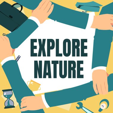 Doğayı Keşfeden Tabela. Rezerv Kampı Koruma Seferi için kelime Safari Parkı Dört El Kol Birarada Tutma Kolu Bağlantıyı Gösterme Sembolü.