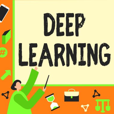 El yazısı işareti Derin Öğrenme. İş konsepti Hiyerarşik Soyutlamalar Yapay Zeka Algoritması İşadamı Parmak Tanıtım Kurulu Temsilcisi Planlama Projeleri.