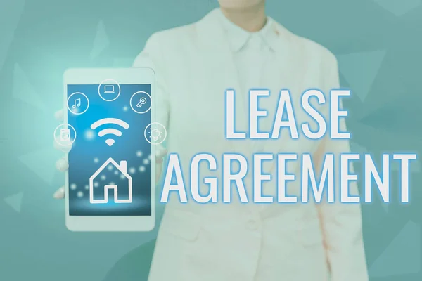 Text caption presenting Lease Agreement. Business overview Contract on the terms to one party agrees rent property Lady Pressing Screen Of Mobile Phone Showing The Futuristic Technology — Stock Photo, Image