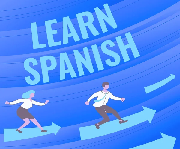 İspanyolca Öğren 'i gösteren metin işareti. İspanya 'da İşletme Fikri Çeviri Dili Sözcük Hazinesi Okları Daha İyi Mali Plan İçin İki İşbirliği İşbirliğine Yönelik Oku Yönlendiriyor — Stok fotoğraf