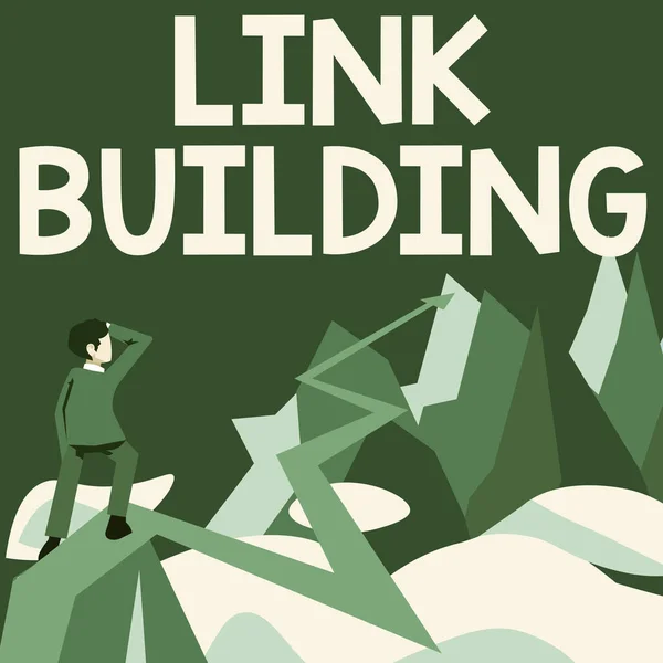 Link Building kijelzése. Word for SEO Term Exchange Links Acquire Hyperlinks Indexed Man figyeli horizont nyíl jelképezi a jövőbeni projekt sikerét. — Stock Fotó