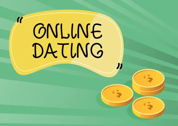Text showing inspiration Online Dating. Word for Searching Matching Relationships eDating Video Chatting Coins symbolizing future financial plans successfully calculating mortgage. — Stock Photo, Image