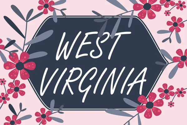 Konceptuell bildtext West Virginia. Affärsidé Amerikas förenta stater State Travel Tourism Trip Historisk Blank ram dekorerad med abstrakta moderniserade former blommor och oliage. — Stockfoto