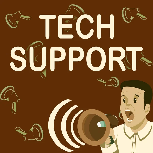 Text sign showing Tech Support. Business idea Assisting individuals who are having technical problems Businessman Talking Through Megaphone Making Wonderful New Announcement — ストック写真
