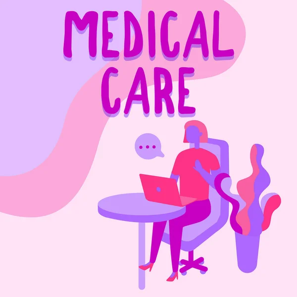 Schriftzug "Medical Care". Geschäftsidee Dienstleistungen im Zusammenhang mit der Aufrechterhaltung von Gesundheit und Behandlung Frau am Schreibtisch mit Laptop mit Sprechblase neben Pflanze. — Stockfoto