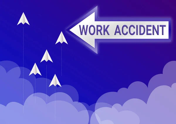 Handskrift tecken Arbetsolycka. Ord för Misstag Skada hände på arbetsplatsen Skadas Fem pappersflygplan flyger upp himlen omgiven av moln uppnå mål. — Stockfoto