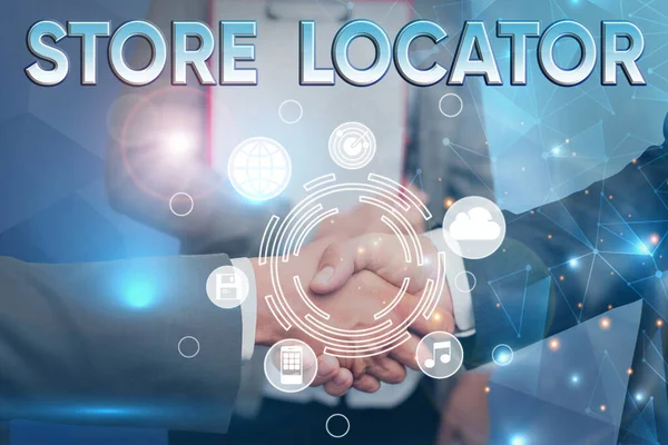 Mesaj ilhamlı mağaza bulucusunu gösteriyor. Adres numarasını ve çalışma saatlerini bilmek için kavramsal fotoğraf başarılı takım çalışmasını sembolize eden yenilikçi plan fikirlerini sunar.