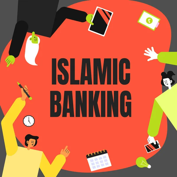 Cartello che mostra il Bancario Islamico. Parola per sistema bancario basato sui principi della legge islamica Colleghi che trasportano S Decorare Applicazione mobile Definizione del lavoro di squadra. — Foto Stock