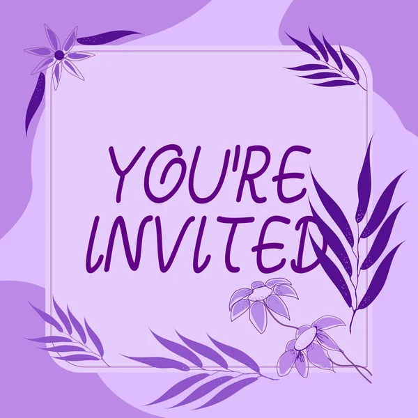 Подпись: You Re Invited. Пожалуйста, присоединяйтесь к нам в нашем празднике Добро пожаловать быть гостем пустая рамка украшены абстрактные модернизированные формы цветов и листвы. — стоковое фото