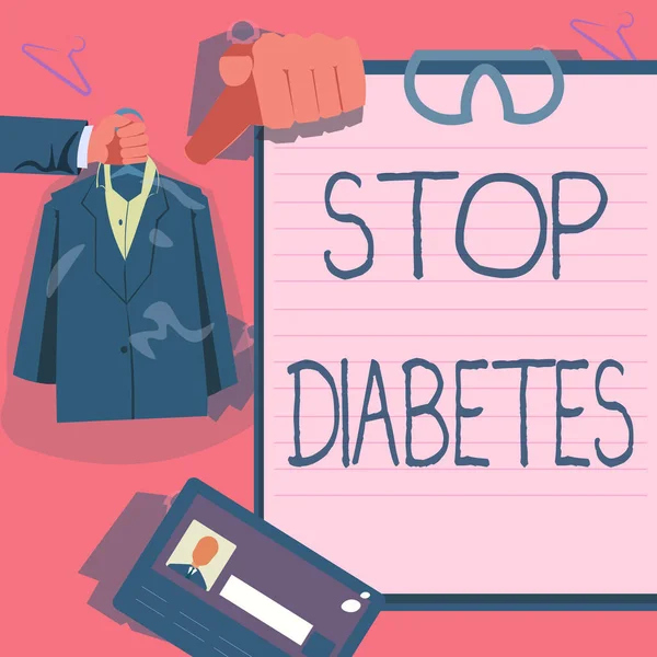 Texte montrant Stop Diabetes. Mot écrit sur le taux de sucre dans le sang est plus élevé que la normale Injection mains d'insuline tenant uniforme montrant de nouvelles opportunités de carrière ouvertes. — Photo