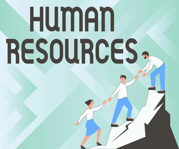 Text caption presenting Human Resources. Word Written on The showing who make up the workforce of an organization Colleagues Climbing Upwards Mountain Reaching Success Presenting Teamwork. — ストック写真