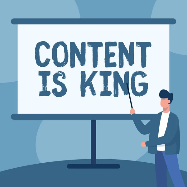 Zeichen, die Content Is King anzeigen. Geschäftsansatz Inhalt ist das Herzstück der heutigen Marketing-Strategien Lehrer in Jacke Zeichnung Standing Pointing Stick At Whiteboard. — Stockfoto