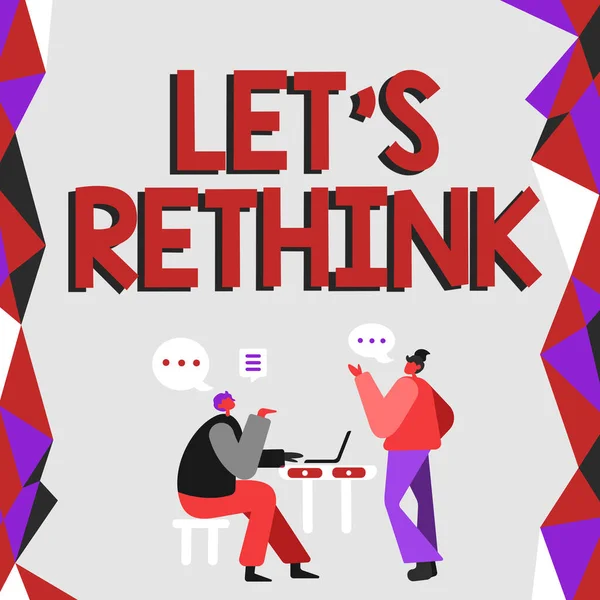 Inspiráló szöveg Let S Rethink. Koncepció jelentése egy újragondolt emlékezni Reconsider újraértékelése Munkatársak miután találkozó megvitatása jövőbeli projekt fejlesztési ötletek. — Stock Fotó