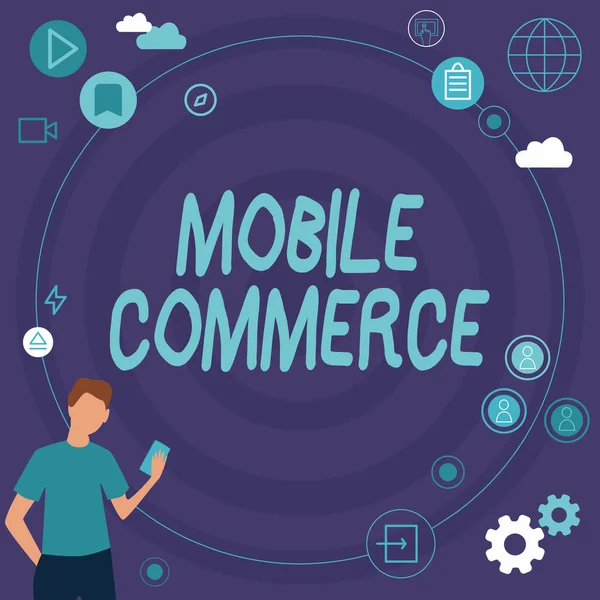 Tekst bijschrift presenteren Mobile Commerce. Bedrijfsconcept Mobiele telefoon gebruiken om online commerciële transacties uit te voeren Zakenman Innovatief denken leidende ideeën naar een stabiele toekomst. — Stockfoto