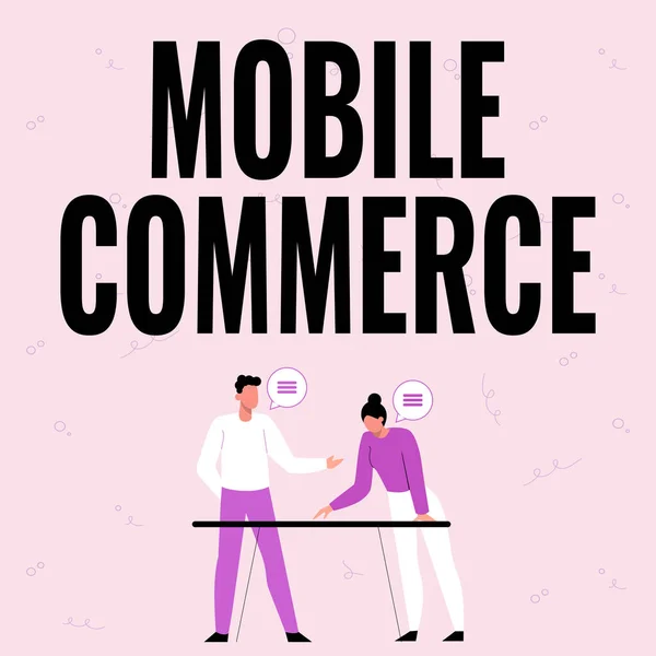 Концептуальный дисплей Mobile Commerce. Обзор бизнеса Использование мобильного телефона для проведения коммерческих транзакций онлайн Партнеры Обмен новыми идеями для повышения квалификации Стратегии работы. — стоковое фото