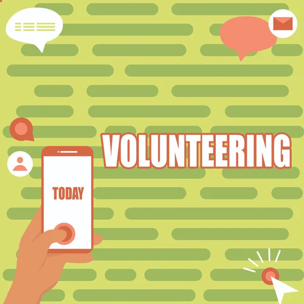 Text showing inspiration Volunteering. Concept meaning Provide services for no financial gain Willingly Oblige Hands Holding Technological Device Pressing Application Button. — ストック写真