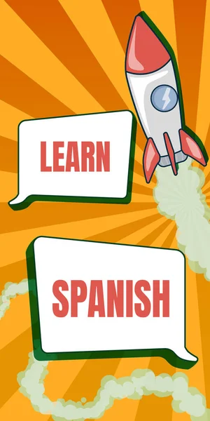 Kavramsal başlık İspanyolca öğren. İspanya 'da İş Konsepti Çeviri Dili Sözcük Hazinesi Konuşma Roketi Gemisi Hızla Uzaya Fırlatılıyor. — Stok fotoğraf