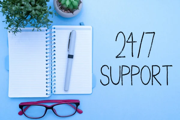 Conceptual caption 24 Or 7 Support. Word for Giving assistance to service whole day and night No downtime Flashy School Office Supplies, Teaching Learning Collections, Writing Tools, — Stock Photo, Image