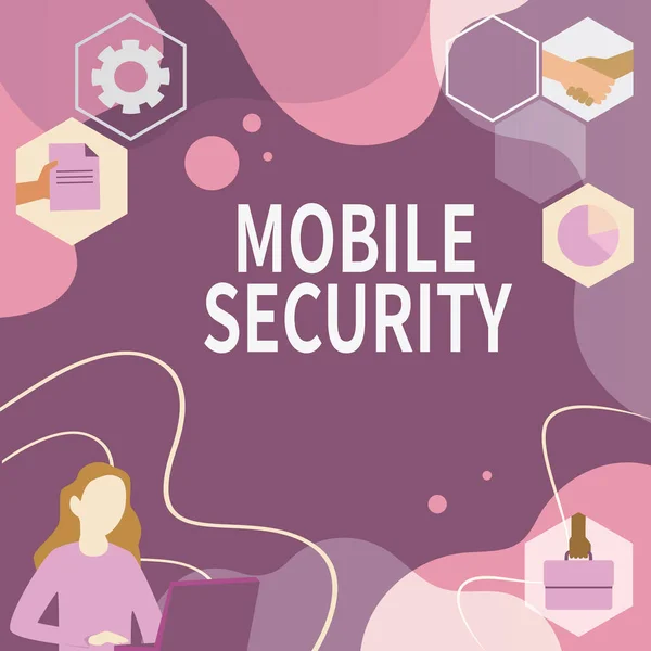 Tekstskilt der viser Mobile Security. Business tilgang Beskyttelse af mobiltelefon mod trusler og sårbarheder Kvinde Innovativ tænkning Førende ideer mod en stabil fremtid. - Stock-foto