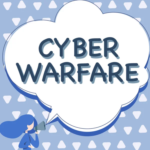 Inspiration visar tecken Cyber Warfare. Affärsidé Virtual War Hackers System Attacks Digital tjuv Stalker Kvinna talar genom Megaphone Att tillkännage med Tal Bubble. — Stockfoto