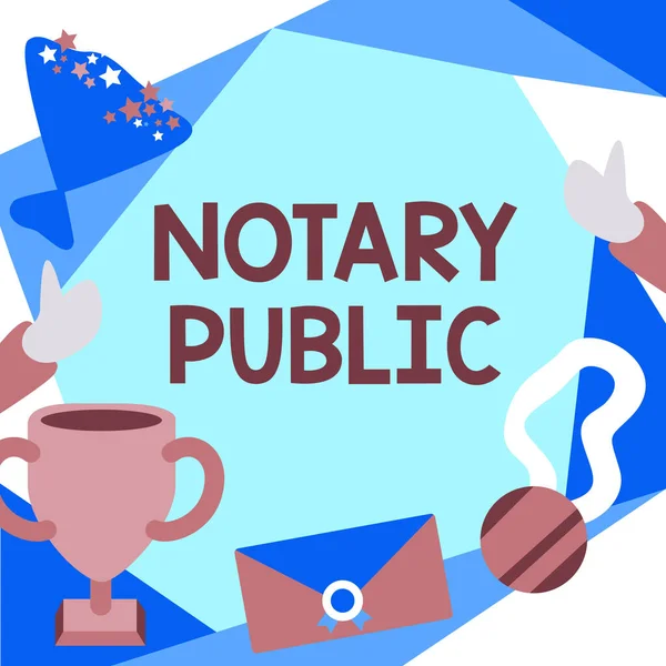 Text caption presenting Notary Public. Business concept Legality Documentation Authorization Certification Contract People Congratulating Success Presenting Earned Trophy Medals. — Stock Photo, Image