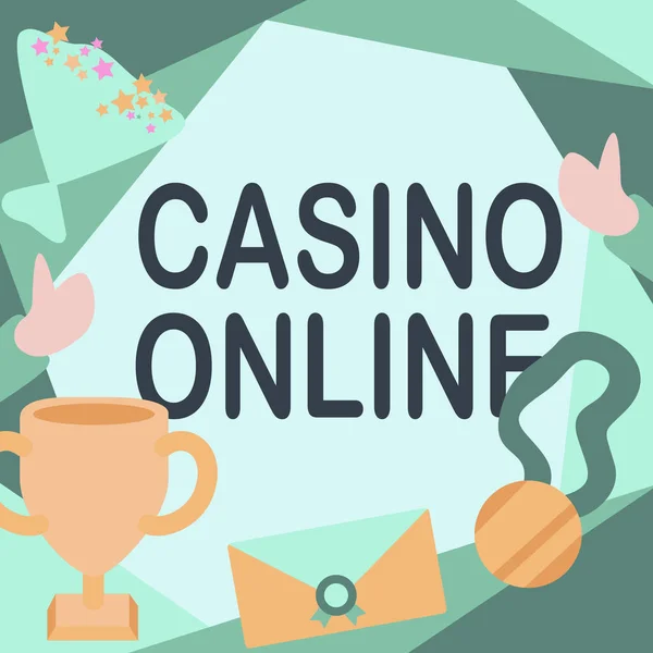 Conceptual display Casino Online. Conceptual photo Computer Poker Game Gamble Royal Bet Lotto High Stakes People Congratulating Success Presenting Earned Trophy Medals. — ストック写真