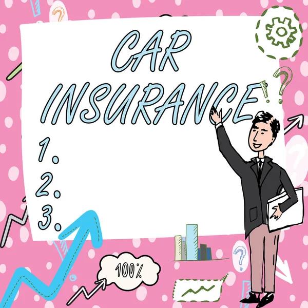 Text showing inspiration Car Insurance. Conceptual photo Accidents coverage Comprehensive Policy Motor Vehicle Guaranty Gentleman Drawing Standing Pointing Finger In Blank Whiteboard. — Stock Photo, Image