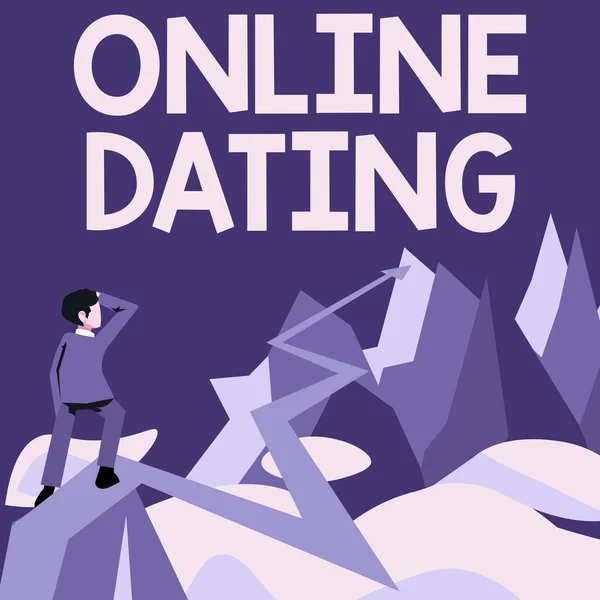 Rukopis Text online Dating. Přehled firmy Hledání Odpovídající Vztahy eDating Video Chatting Man sledování horizont šipka ukazující symbolizující budoucí úspěch projektu. — Stock fotografie