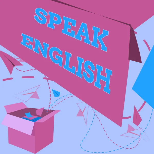 Εγγραφή εμφάνισης κειμένου Speak English. Επιχειρηματική ιδέα Μελέτη μια άλλη ξένη γλώσσα σε απευθείας σύνδεση λεκτικά μαθήματα Open Box με ιπτάμενα αεροπλάνα χαρτί Παρουσιάζοντας νέες δωρεάν ιδέες — Φωτογραφία Αρχείου