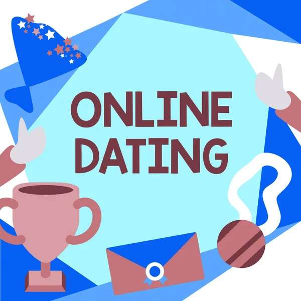 Text caption presenting Online Dating. Business concept Searching Matching Relationships eDating Video Chatting People Congratulating Success Presenting Earned Trophy Medals. — Stock Photo, Image