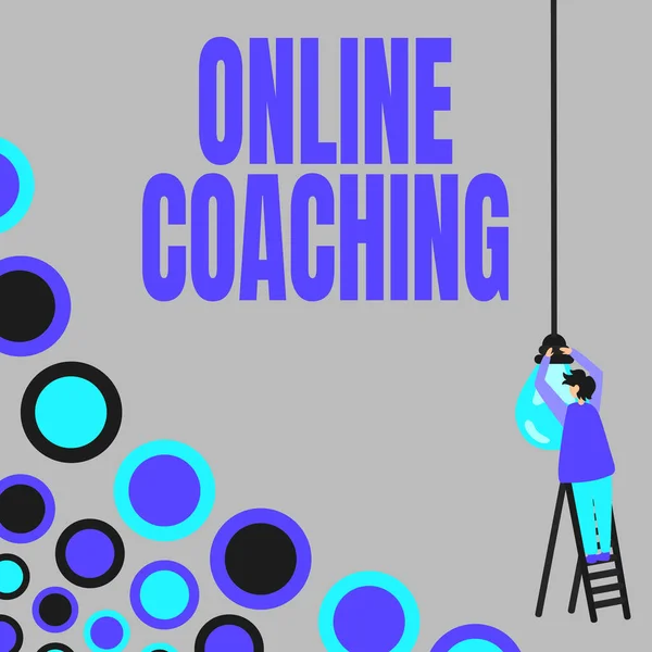 Writing displaying text Online Coaching. Conceptual photo Learning from online and internet with the help of a coach Businessman Standing Ladder Fixing Light Bulb Generating New Futuristic Ideas. — ストック写真
