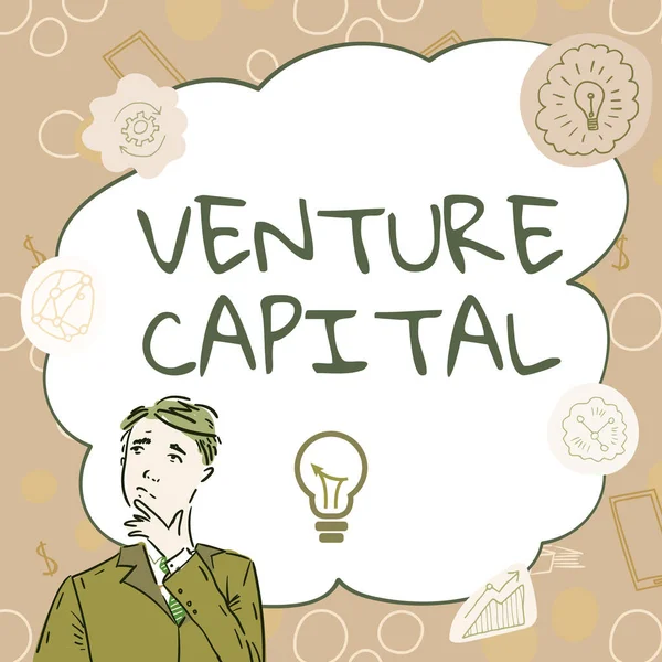 Передача тексту Venture Capital. Бізнес-шоу фінансування, надане фірмами до малих ранніх етапів, Businessman Innovative Thinking Leading Ideas Towards Stable Future. — стокове фото