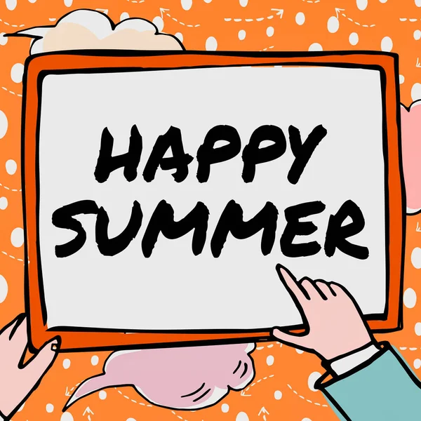 Inspiration, die Zeichen Happy Summer zeigt. Geschäftskonzept Strände Sonnenschein Entspannung Warme Sonnenwende Hände halten Papier mit neuen Ideen, umgeben von Sternen. — Stockfoto