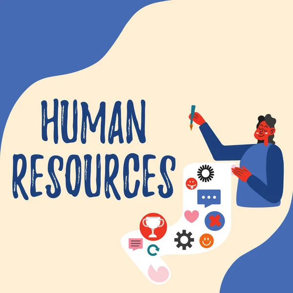 Text sign showing Human Resources. Conceptual photo The showing who make up the workforce of an organization Lady Presenting Paper Showing Her Accomplishments Goals Project Ideas. — ストック写真