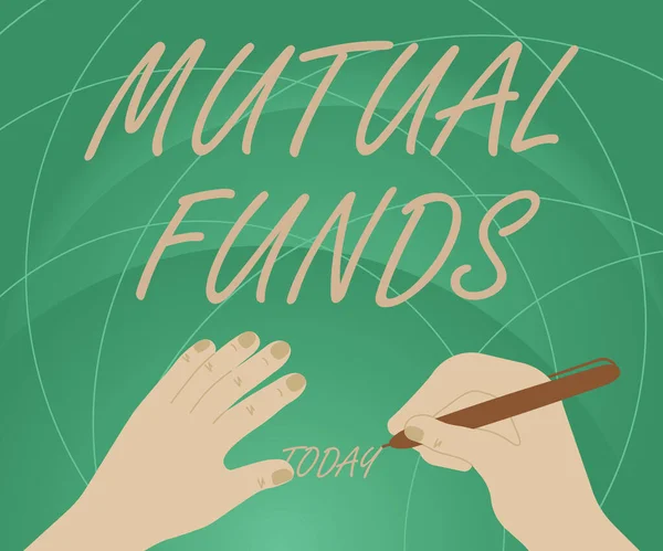 Hand writing sign Mutual Funds. Business overview An investment program funded by shareholders Individual Stocks Hands Using Pencil Strategizing Newest Innovative Creative Goal Plans. — Stock Photo, Image