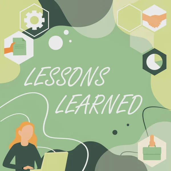 Bildunterschrift: Lessons Learned. Word for Promotion Teilen und Nutzen von Wissen aus Erfahrung Frau Innovatives Denken Führungsideen für eine stabile Zukunft. — Stockfoto
