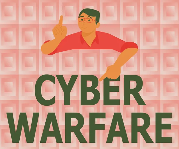 Text showing inspiration Cyber Warfare. Concept meaning Virtual War Hackers System Attacks Digital Thief Stalker Gentleman Pointing Finger Board Presenting Latest Project Ideas. — Stock Photo, Image