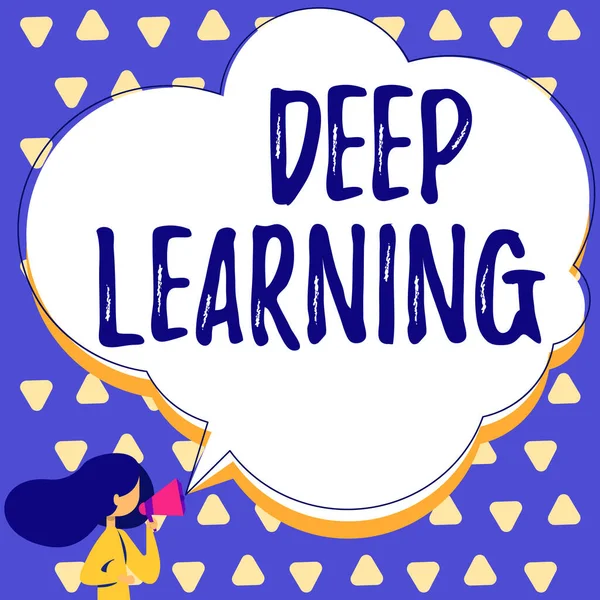 Концептуальний дисплей Deep Learning. Інтернет концепція ієрархічні абстракції Штучний інтелект Алгоритм жінка розмовляє мегафоном Оголошення з бульбашкою мовлення . — стокове фото