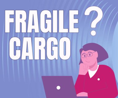 Metin işareti Kırılgan Kargo 'yu gösteriyor. Kavram, dikkatli köpüklü kırılabilir tutuş anlamına gelir. Cam Kaplama Tehlikeli Mallar Bayan Beyin Fırtınası Yeni Çözümler Çiziyor. Soru İşaretleriyle çevrili.