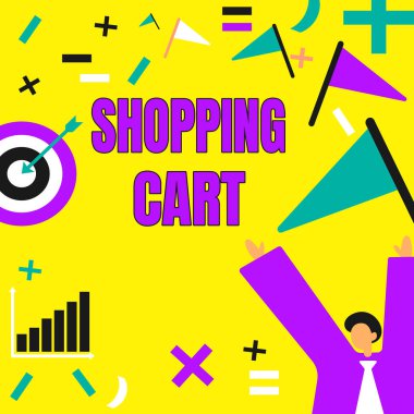 El yazısı tabelası Alışveriş Arabası. Mevcut Hedefleri Gösteren İş Yaklaşımı Vaka Trolley Bakkaliye ve Ticari Malzeme Başarılı Takım Elbiseli Beyefendi.