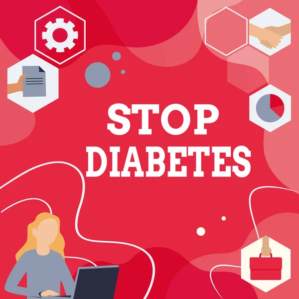 Bildunterschrift: Stop Diabetes. Geschäftsmodell Blutzuckerspiegel ist höher als normal Injektion Insulin Frau Innovatives Denken Leitgedanken für eine stabile Zukunft. — Stockfoto