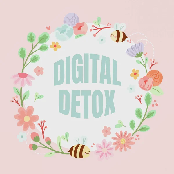 Dijital Detox 'u gösteren metin işareti. Elektronik Aygıtlardan arındırılmış iş yaklaşımı Renkli Çiçekler ve Yapraklarla süslenmiş Yeniden Bağlanmamış Çerçeve bağlantısını kes. — Stok fotoğraf