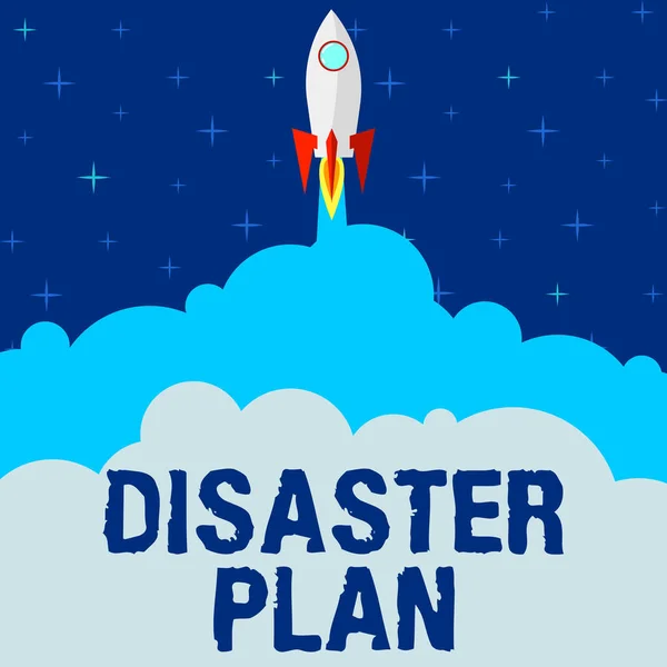 Text showing inspiration Disaster Plan. Conceptual photo Respond to Emergency Preparedness Survival and First Aid Kit Rocket Ship Launching Fast Straight Up To The Outer Space. — Stock Photo, Image